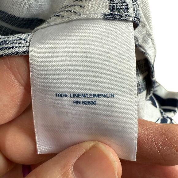 LANDS’ END Leaf Stripe Print LINEN White Navy Top 3X Oversized Relaxed Comfy - Picture 5 of 11